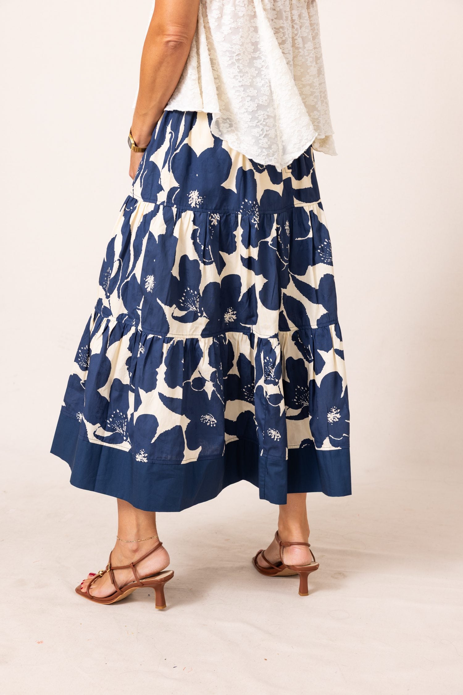 The Navy Dreams Floral Tiered Midi Skirt