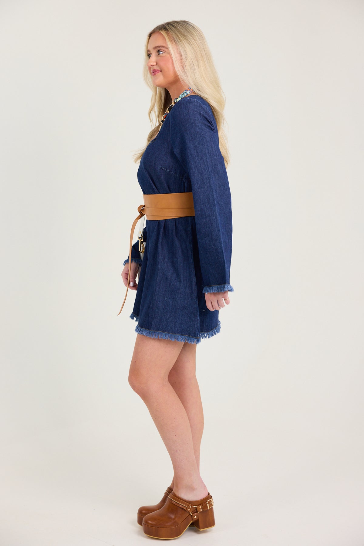 The Fiona Frayed Hem Long Sleeve Mini Dress