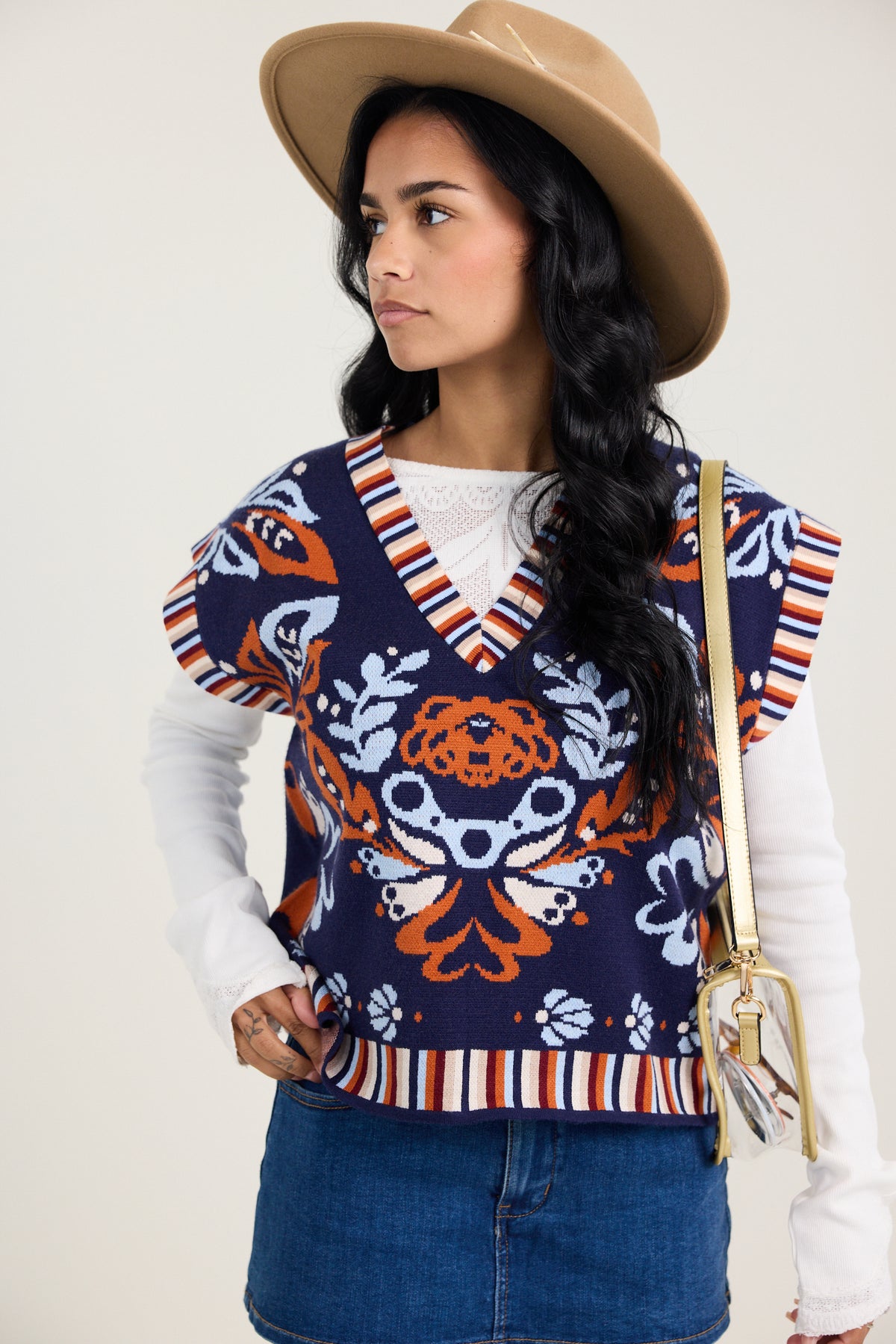 THML Flower Print w/ Stripe Detail Vest