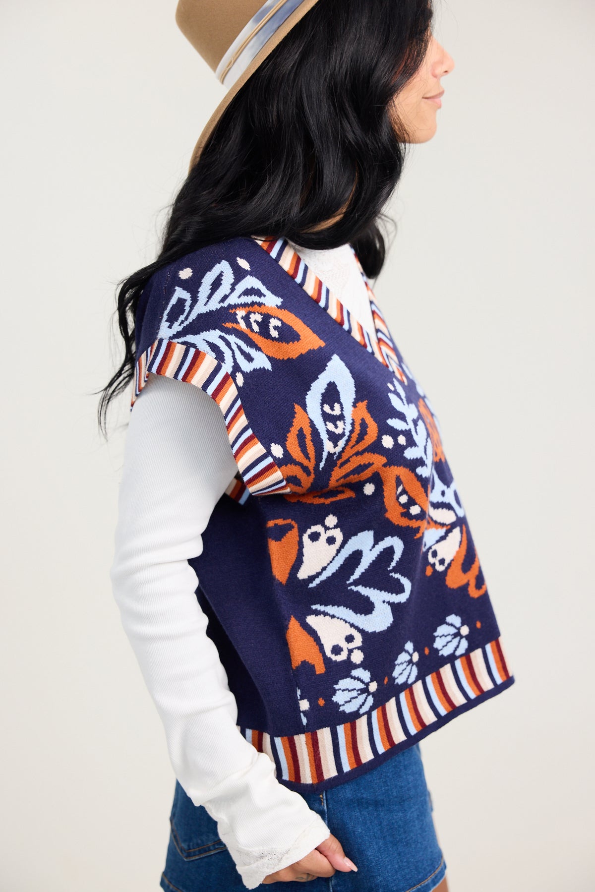 THML Flower Print w/ Stripe Detail Vest