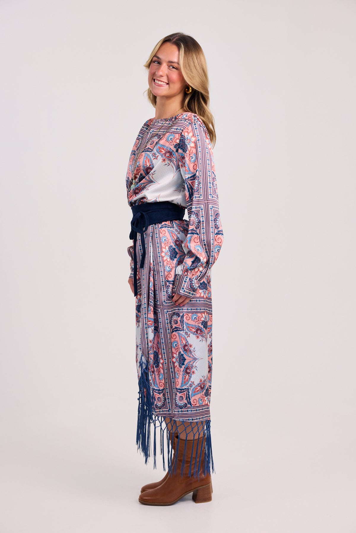 The Aries Draped Fringe Hem Midi Skirt