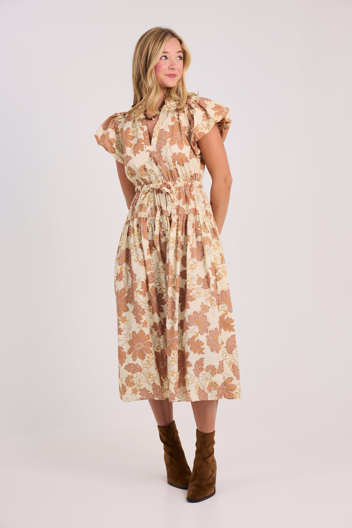 The Addie Bubble Sleeve Floral Midi Dress