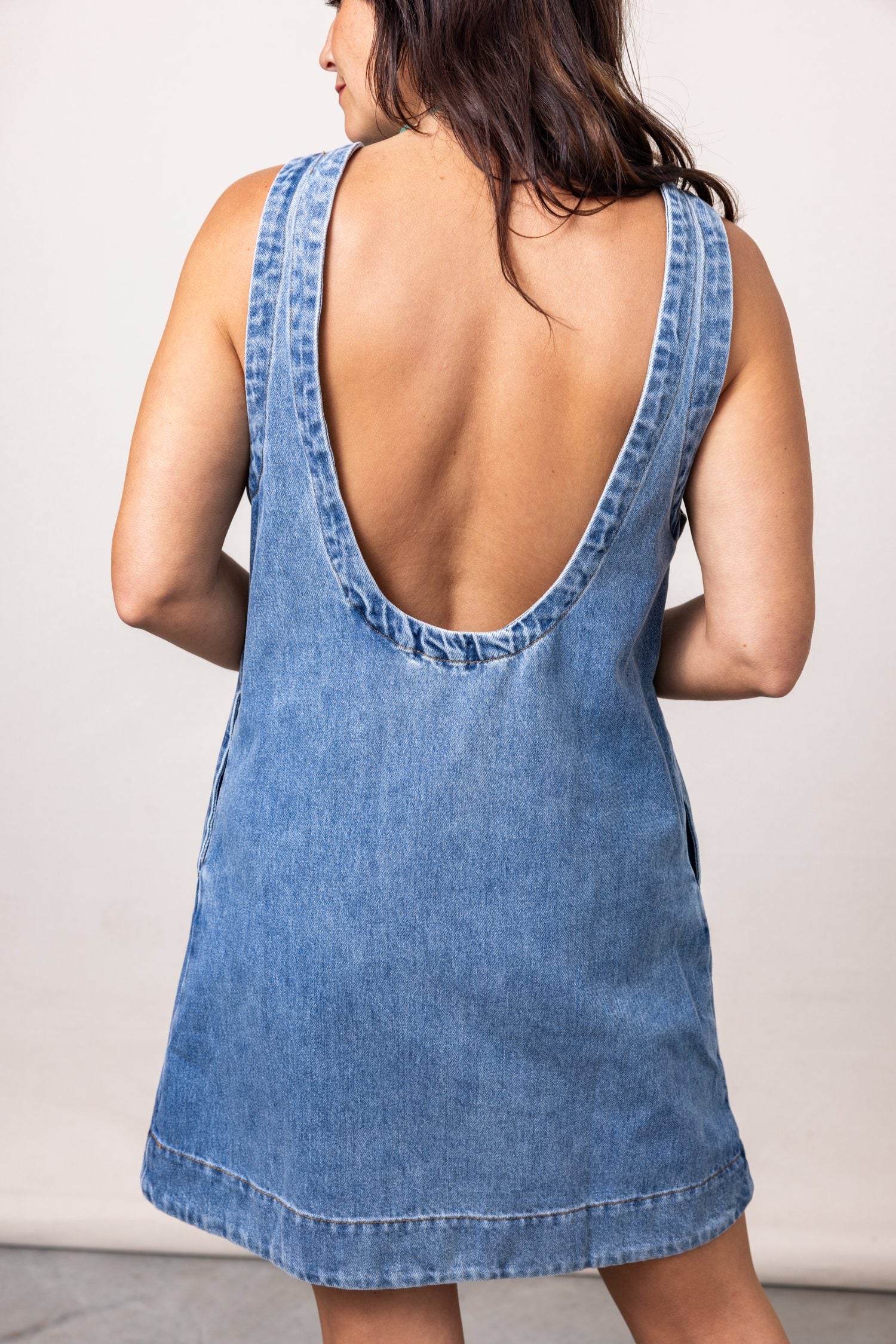 KARLIE Denim Scoop Back Mini Dress