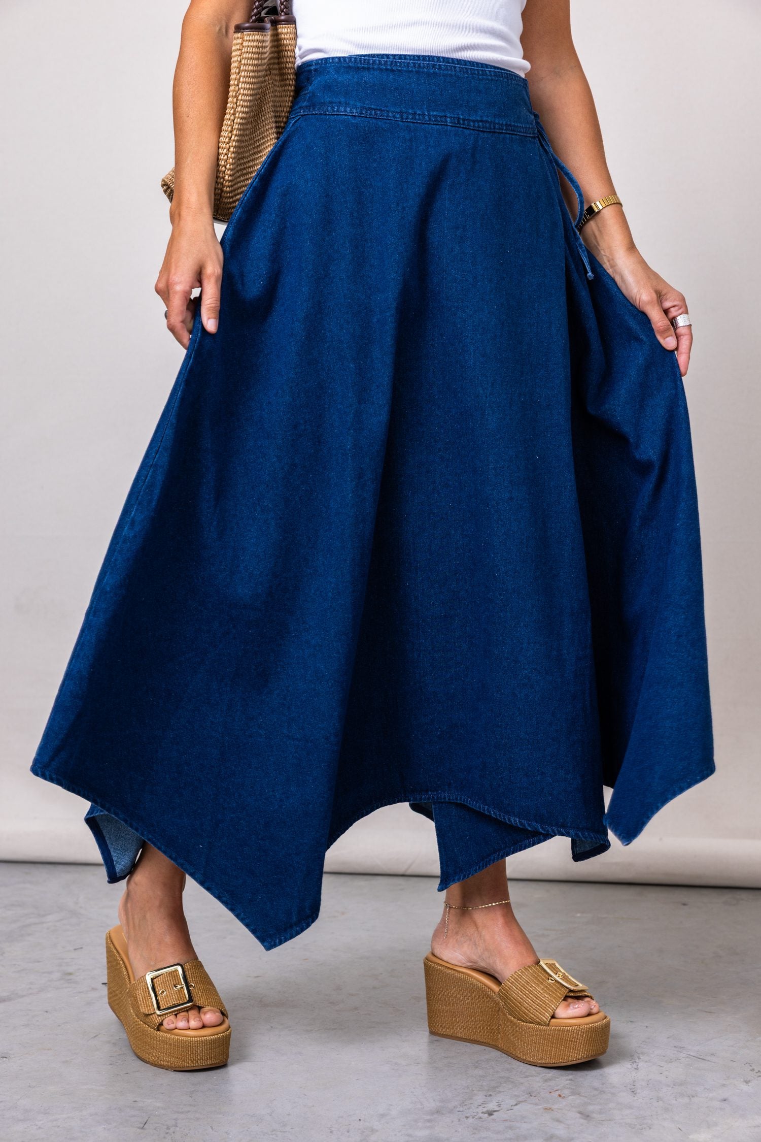 The Carolina Denim Asymmetric Midi Skirt