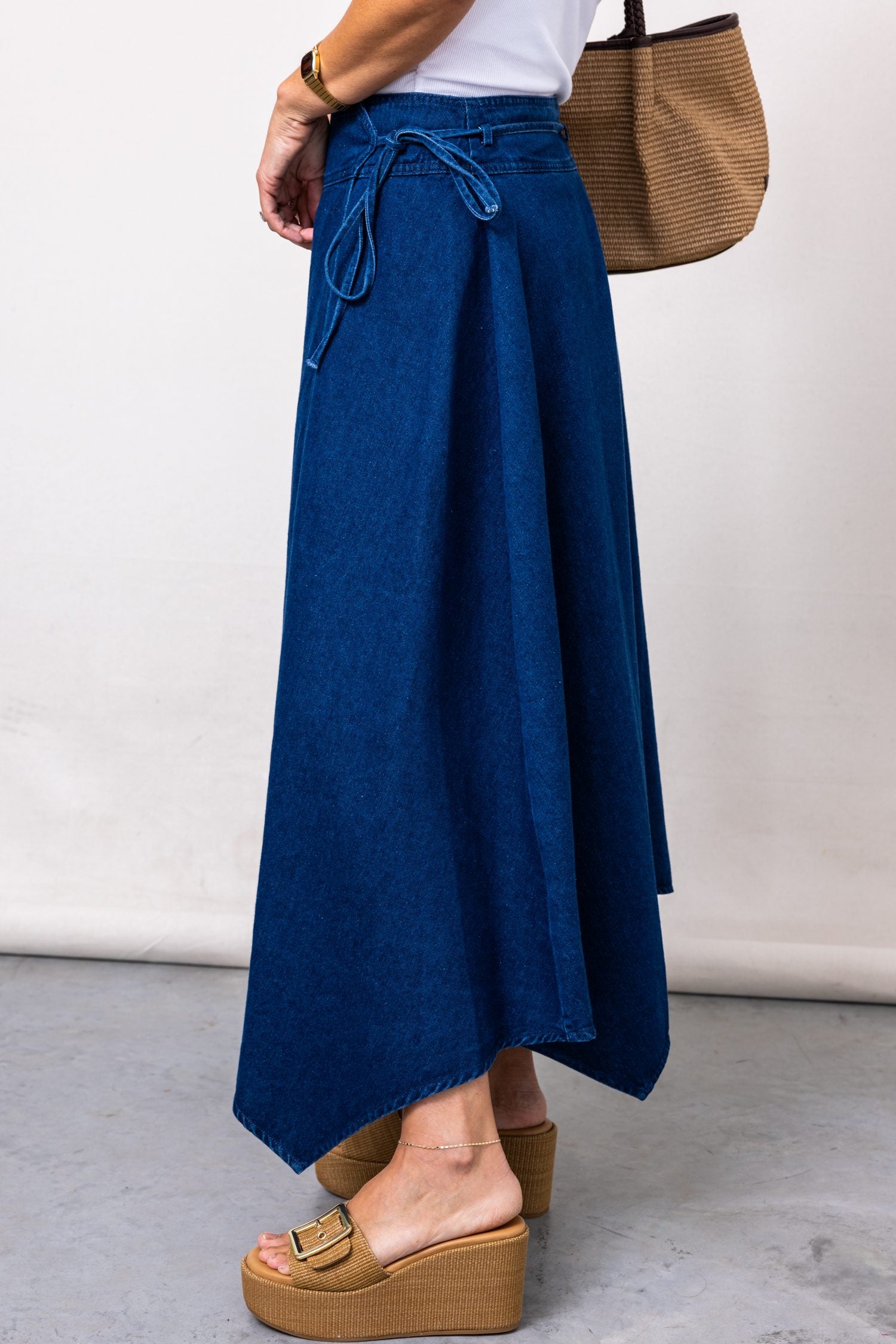 The Carolina Denim Asymmetric Midi Skirt