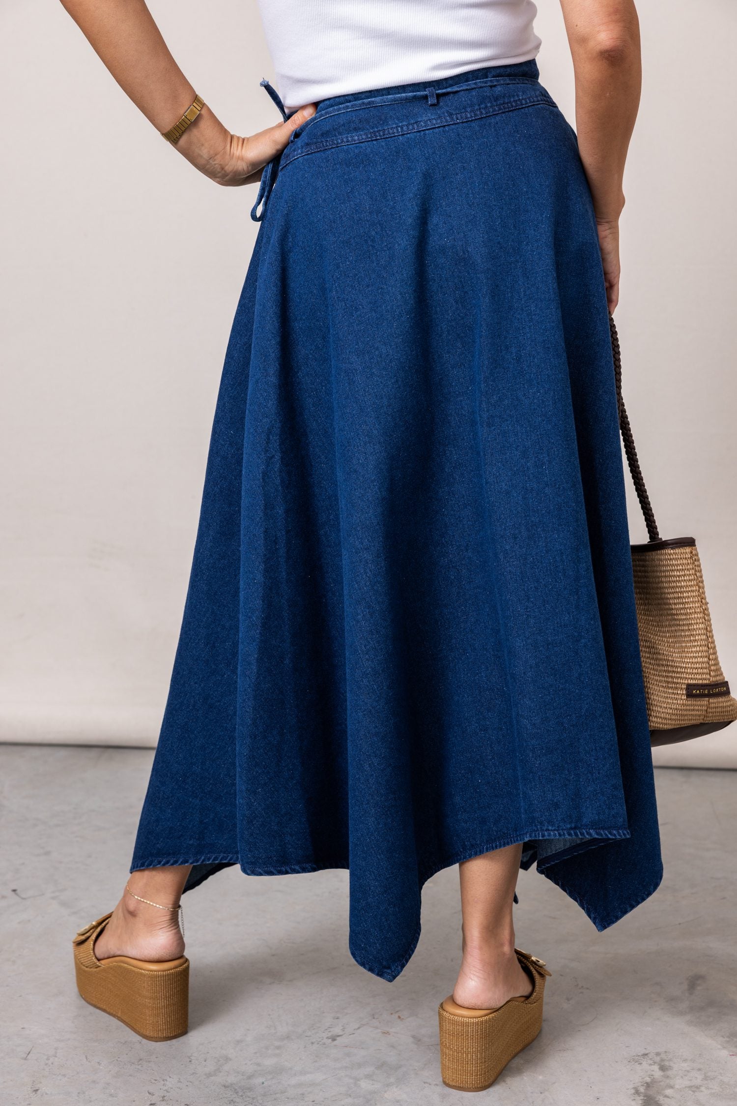 The Carolina Denim Asymmetric Midi Skirt