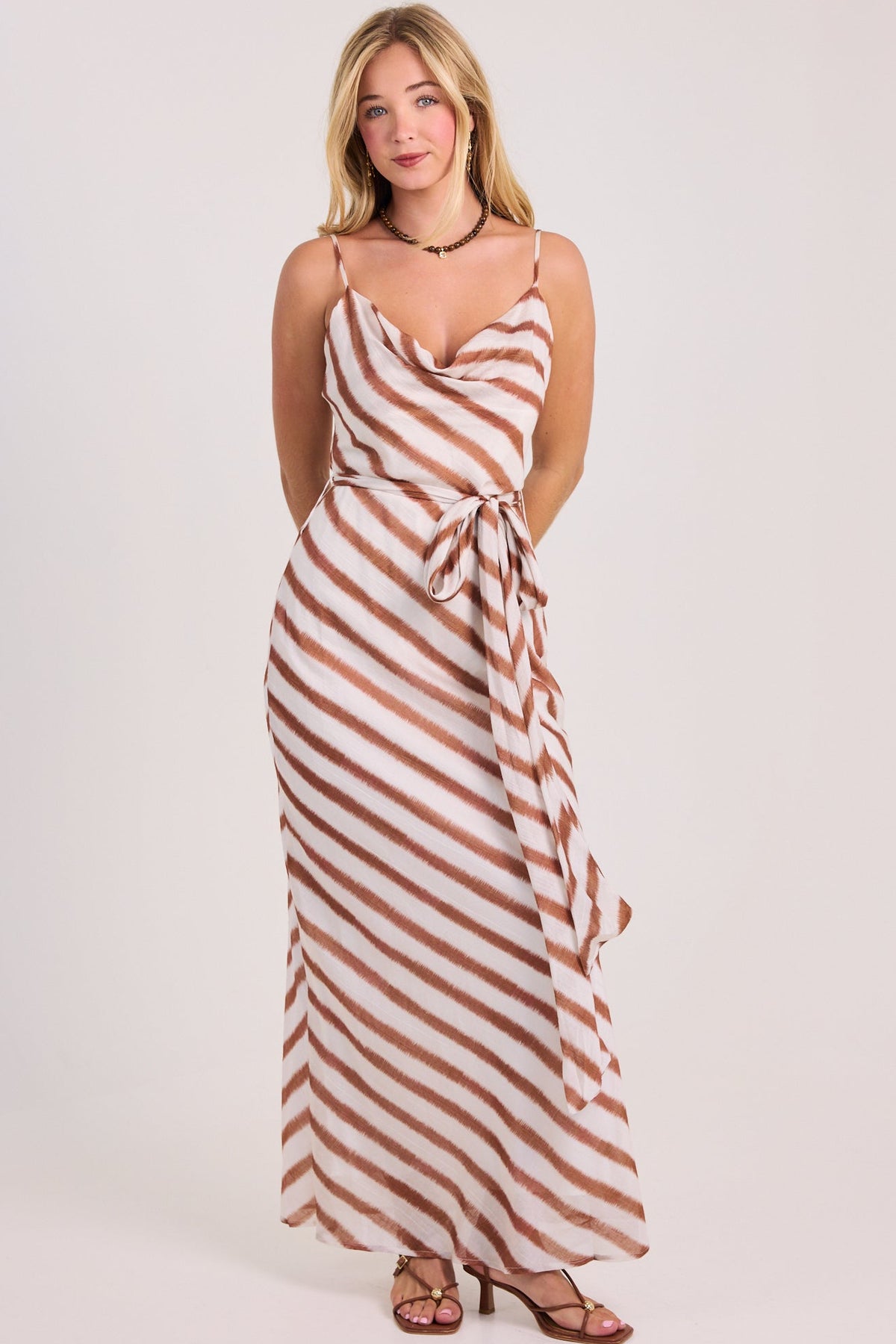 The Alluring Abstract Stripe Cowl Neck Scarf Maxi Dress