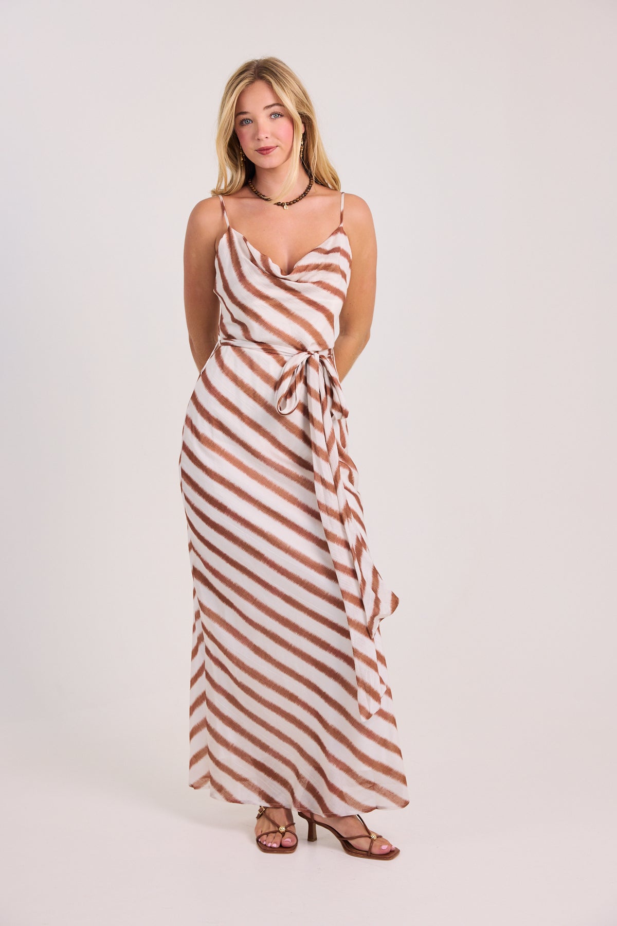 The Alluring Abstract Stripe Cowl Neck Scarf Maxi Dress