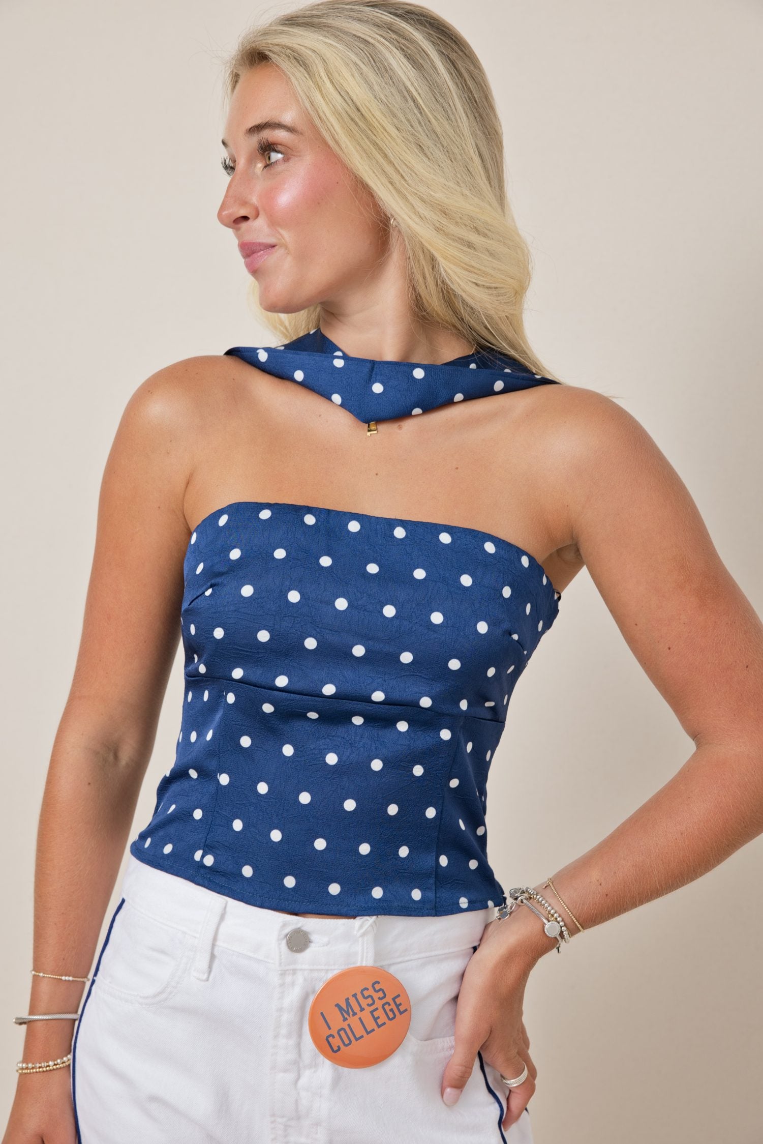 The Annie Attached Scarf Neck Polka Dot Tube Top