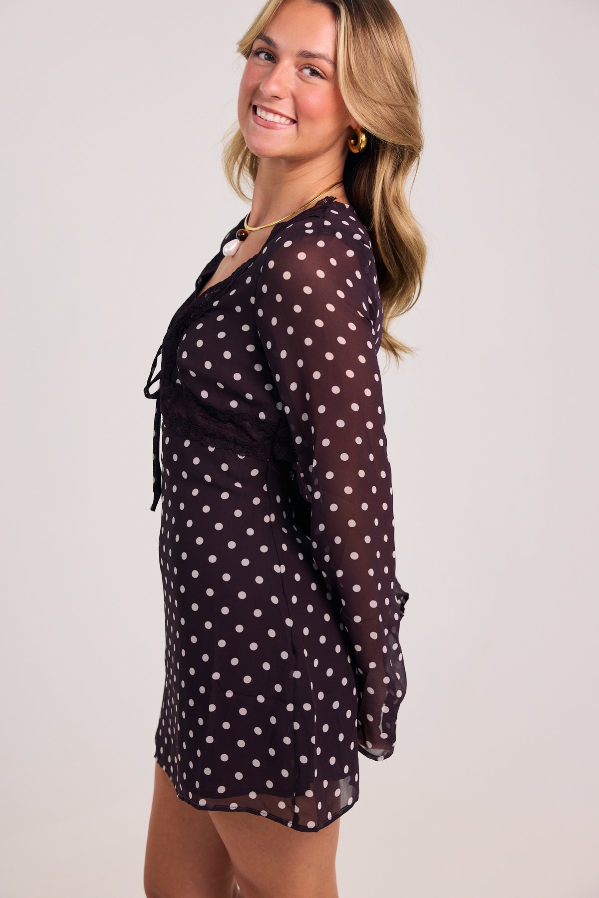 The Lucky in Love Long Sleeve Polka Dot Mini Dress