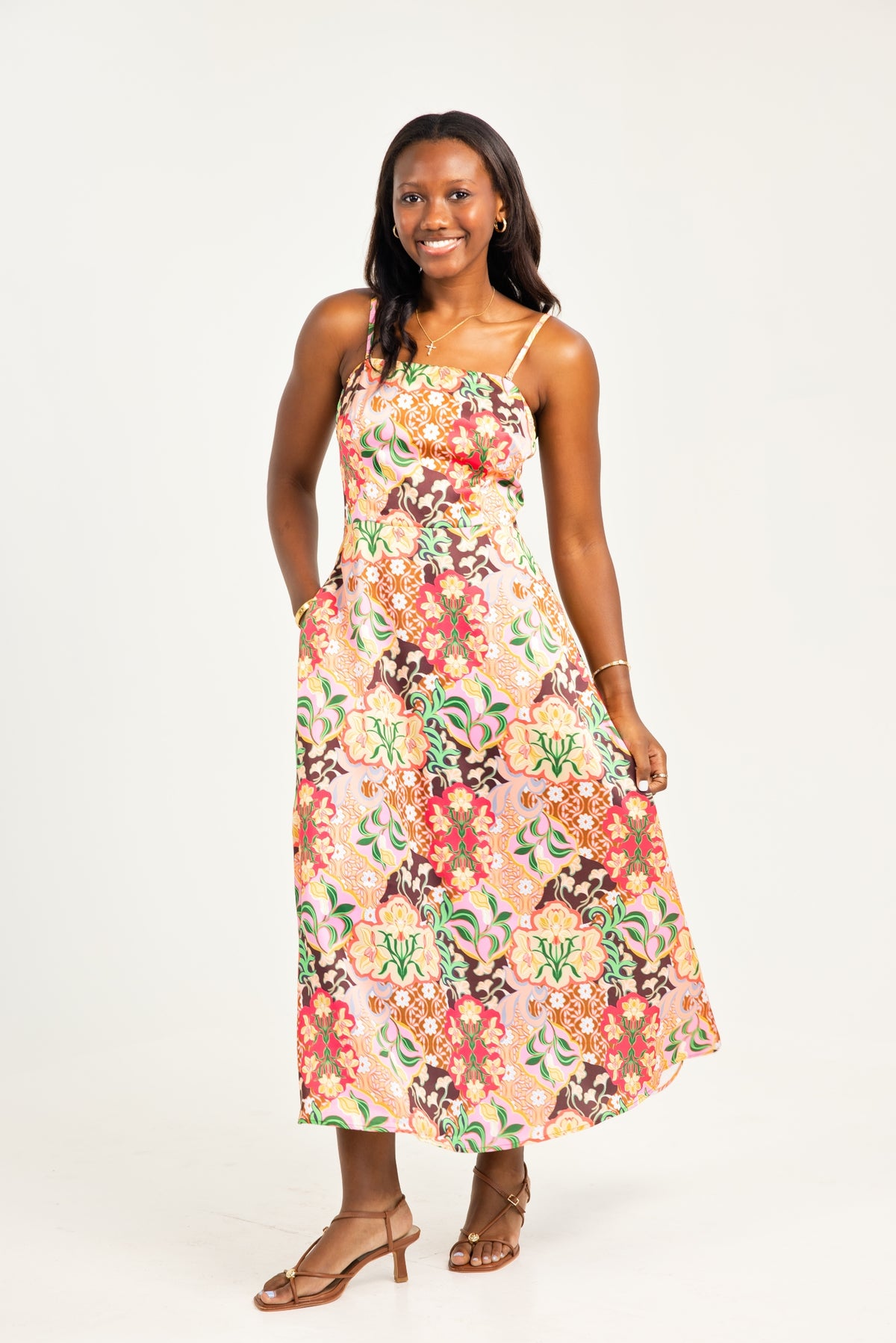 The Garden Party Strapless Satin Midi Dress W/ Scarf