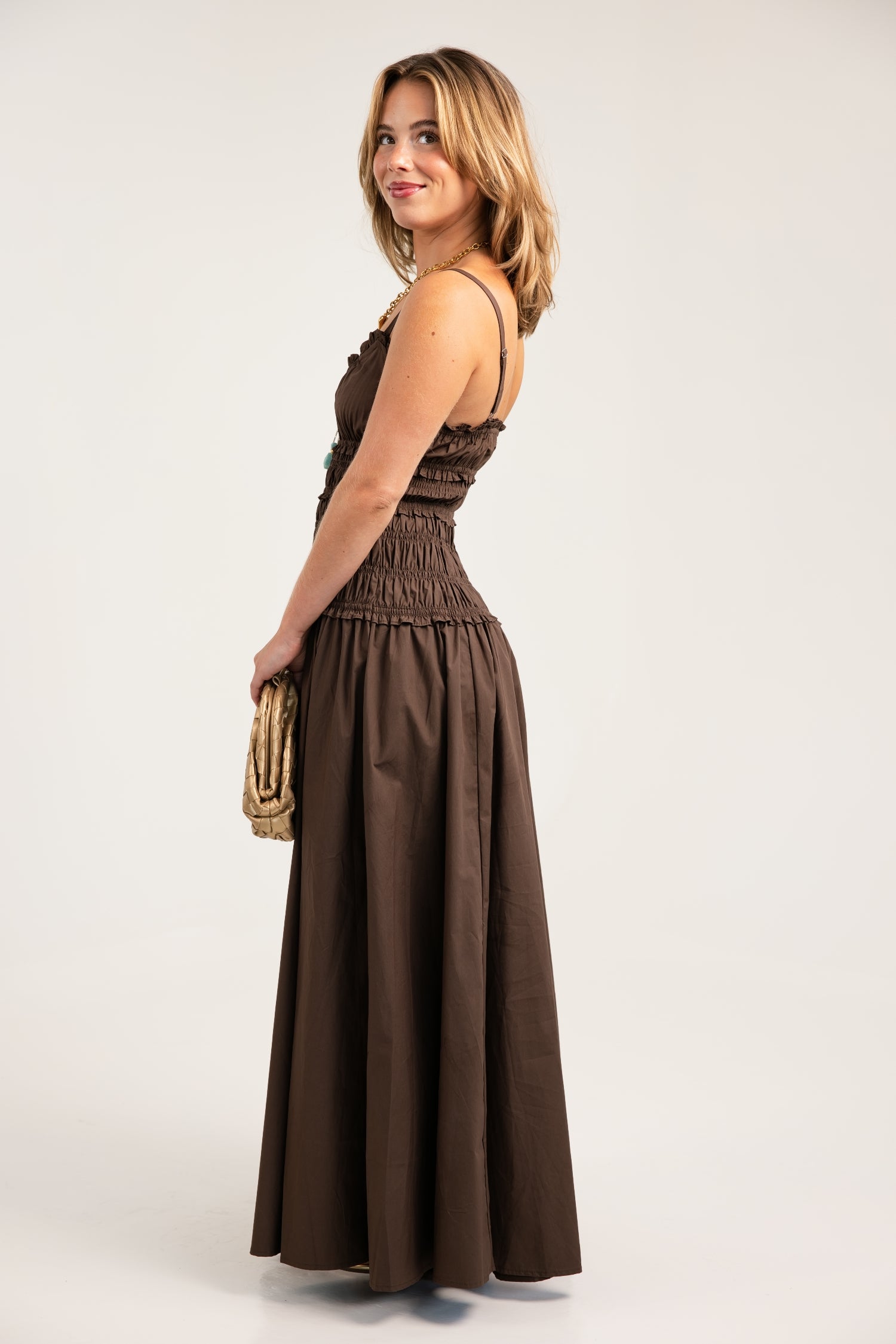 The Luna Smocked Maxi Cotton Dress Coffee Bean