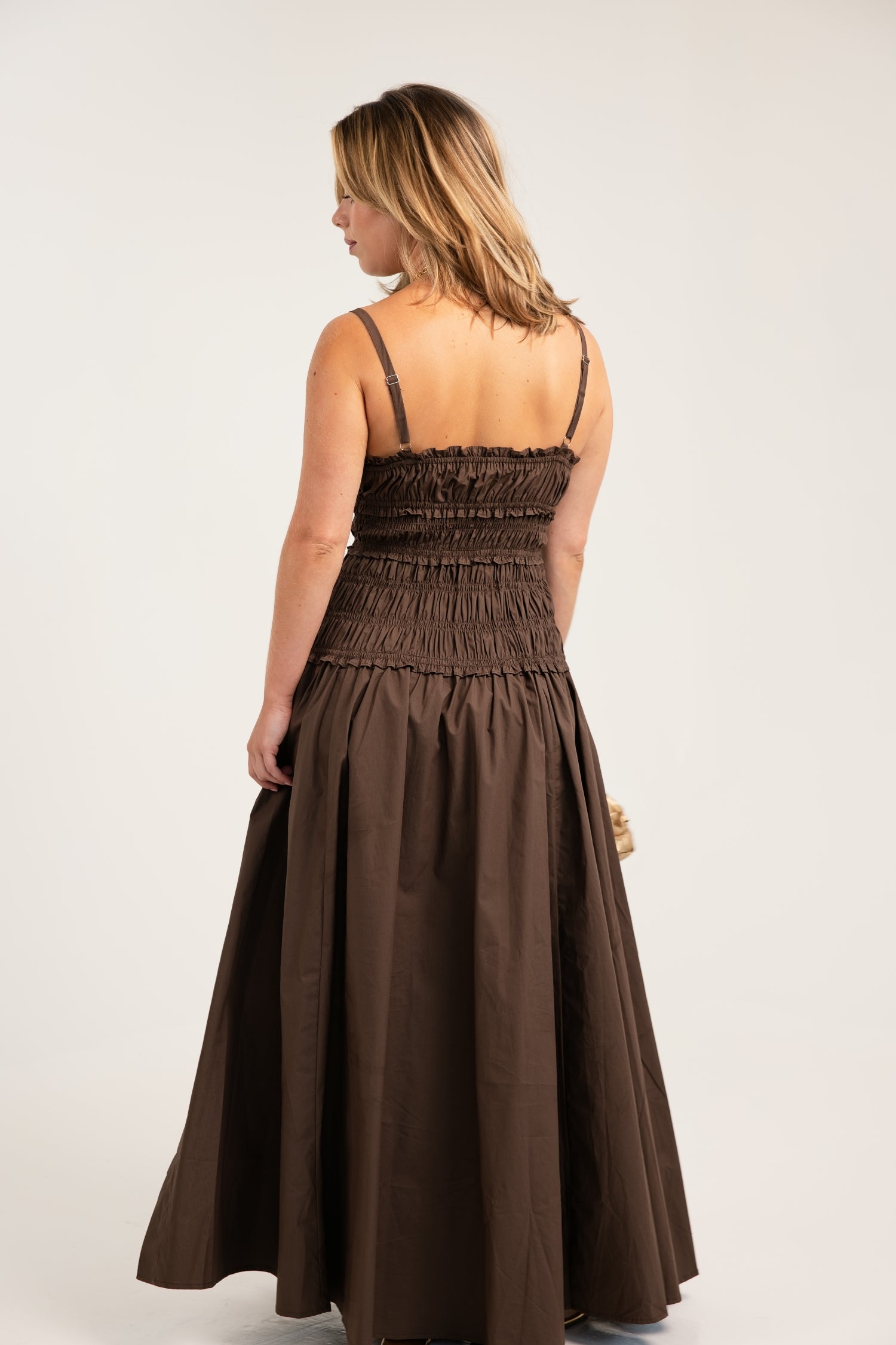 The Luna Smocked Maxi Cotton Dress Coffee Bean