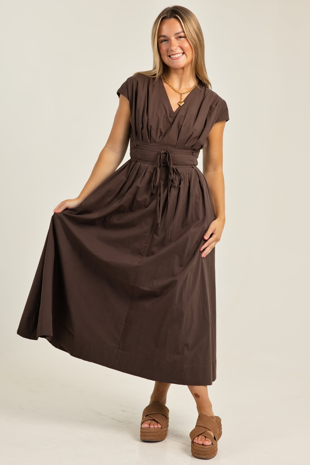 The Poppy Pleated V-Neck Midi Dress Dark Brown