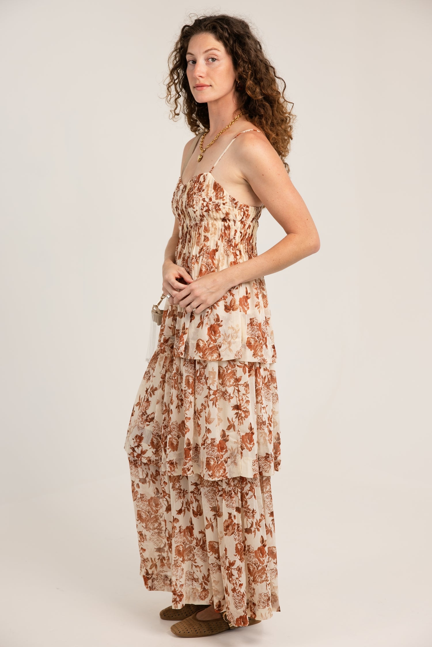 The Averil Tiered Printed Maxi Dress Cream Rust