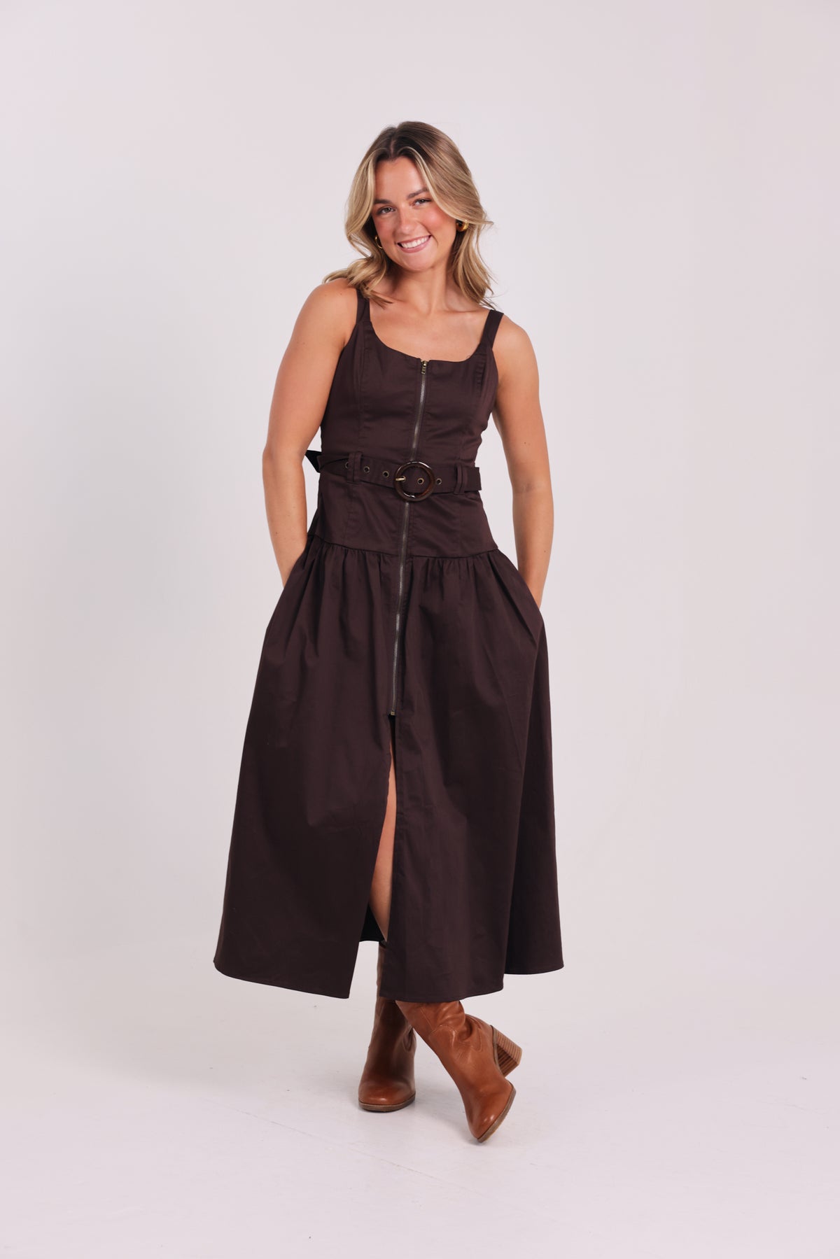 The Brianna Belted Zip Front Midi Dress
