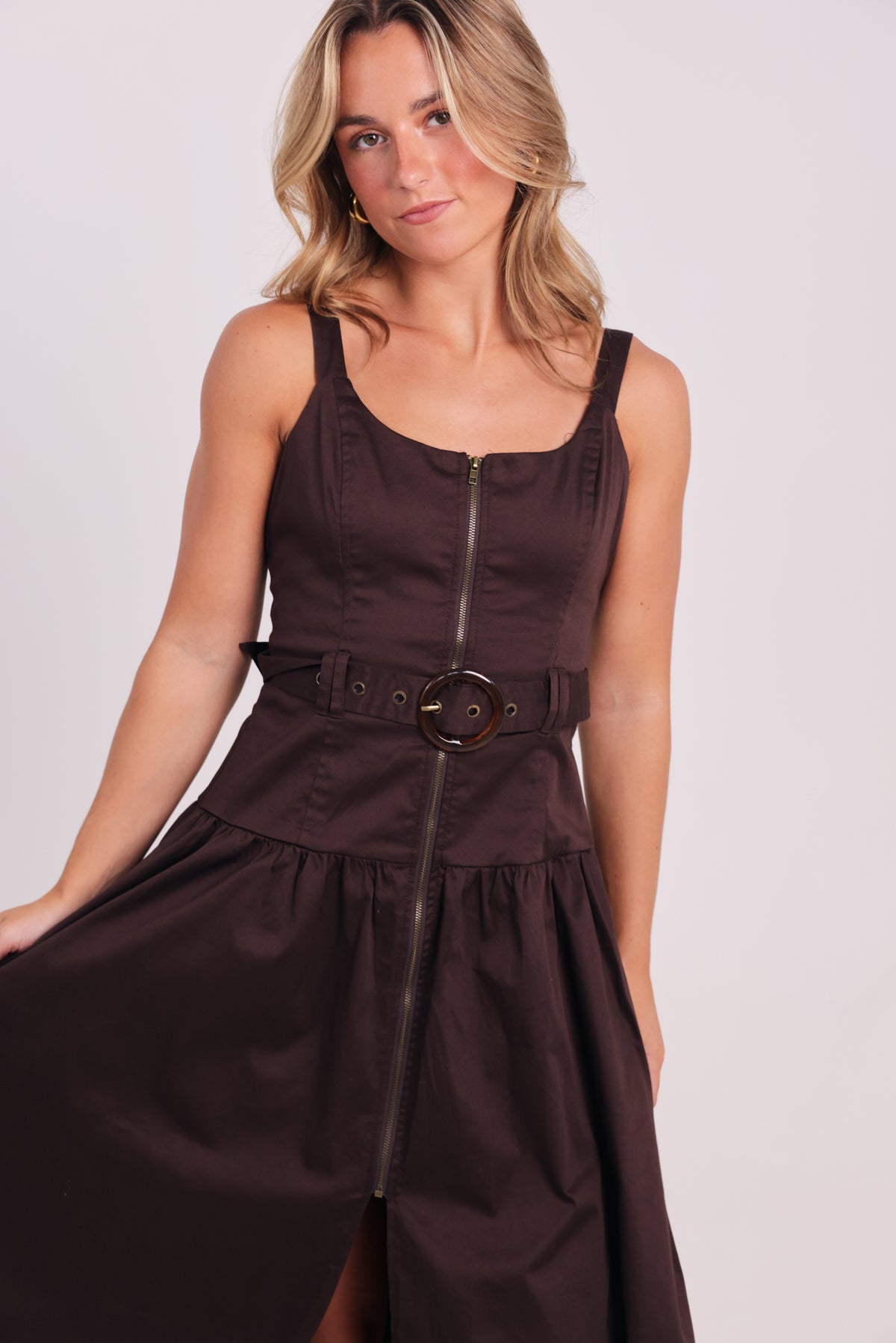 The Brianna Belted Zip Front Midi Dress