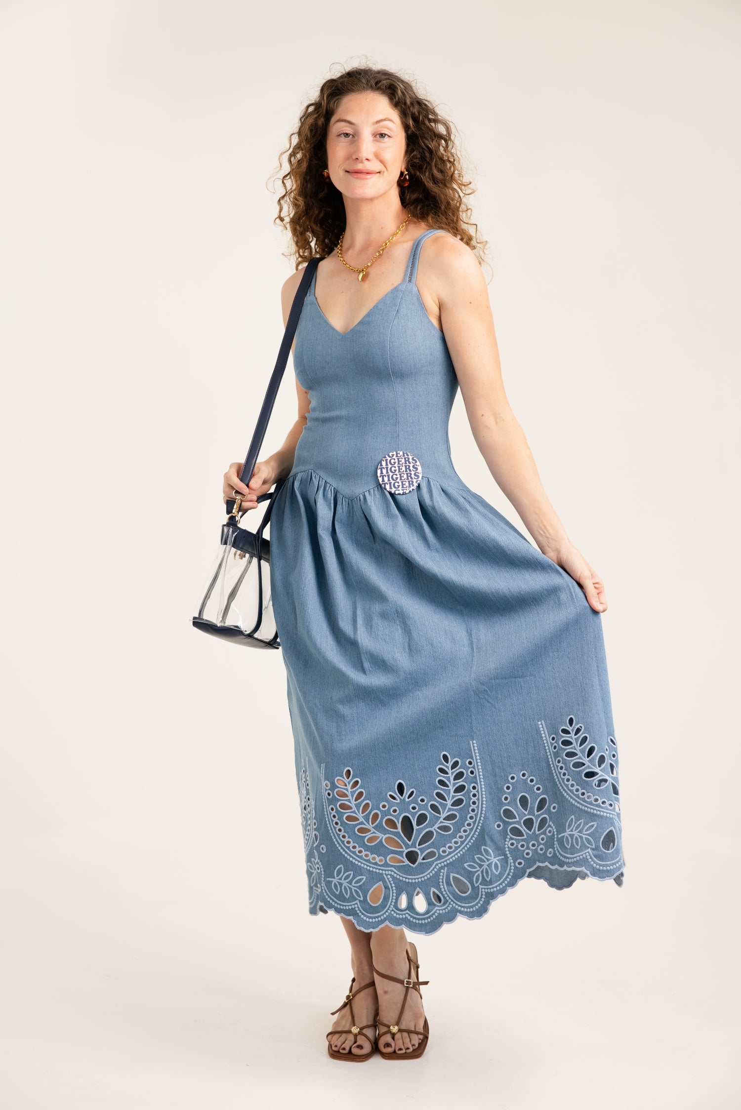 The Denim Edge Eyelet Detail Midi Dress Light Blue