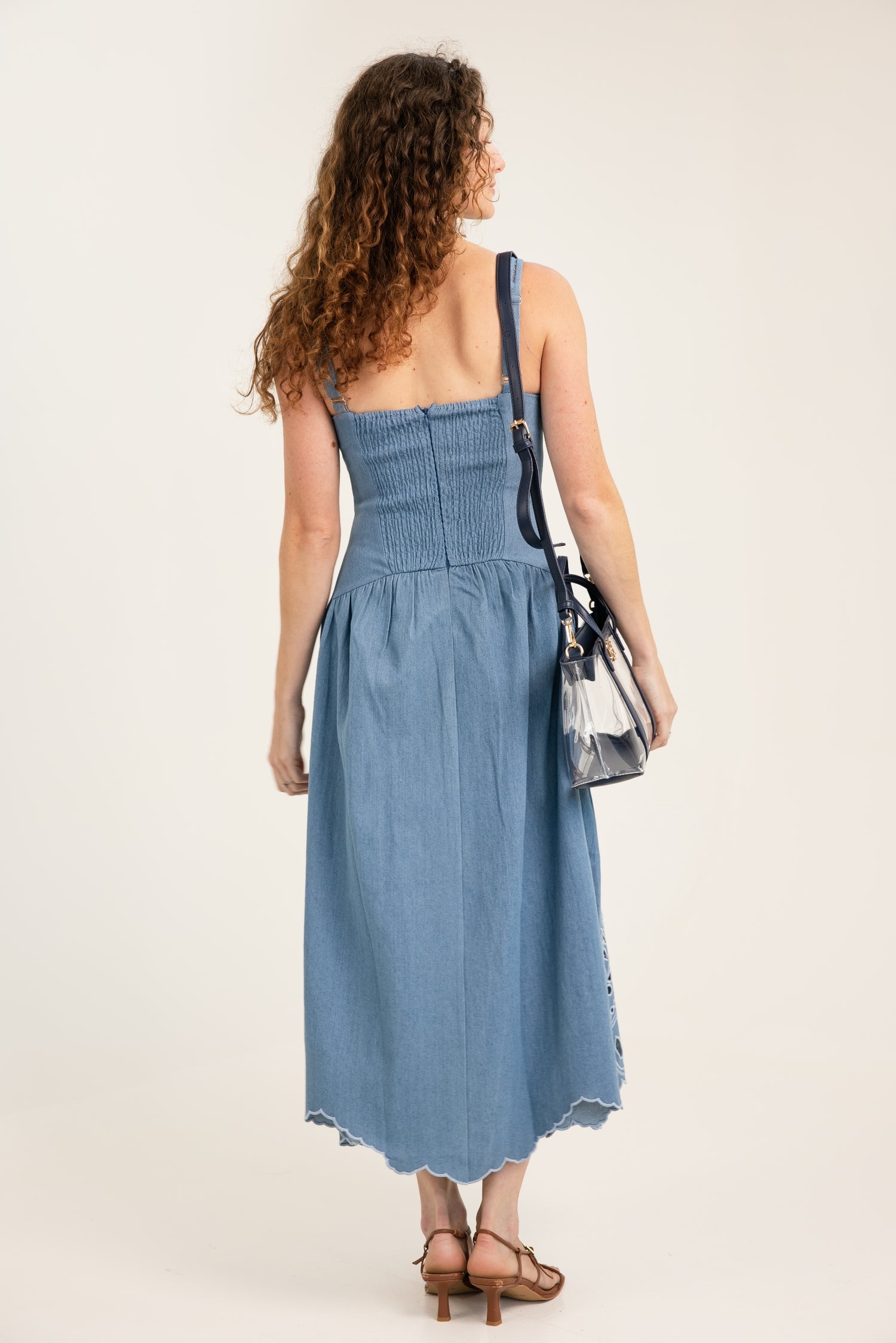 The Denim Edge Eyelet Detail Midi Dress Light Blue