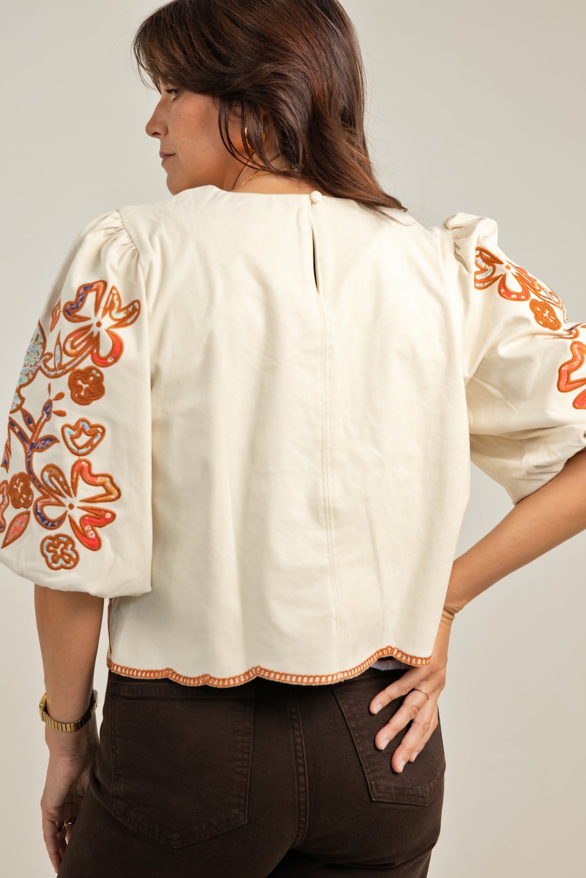 THML Floral Embroidered Puff Sleeve Top