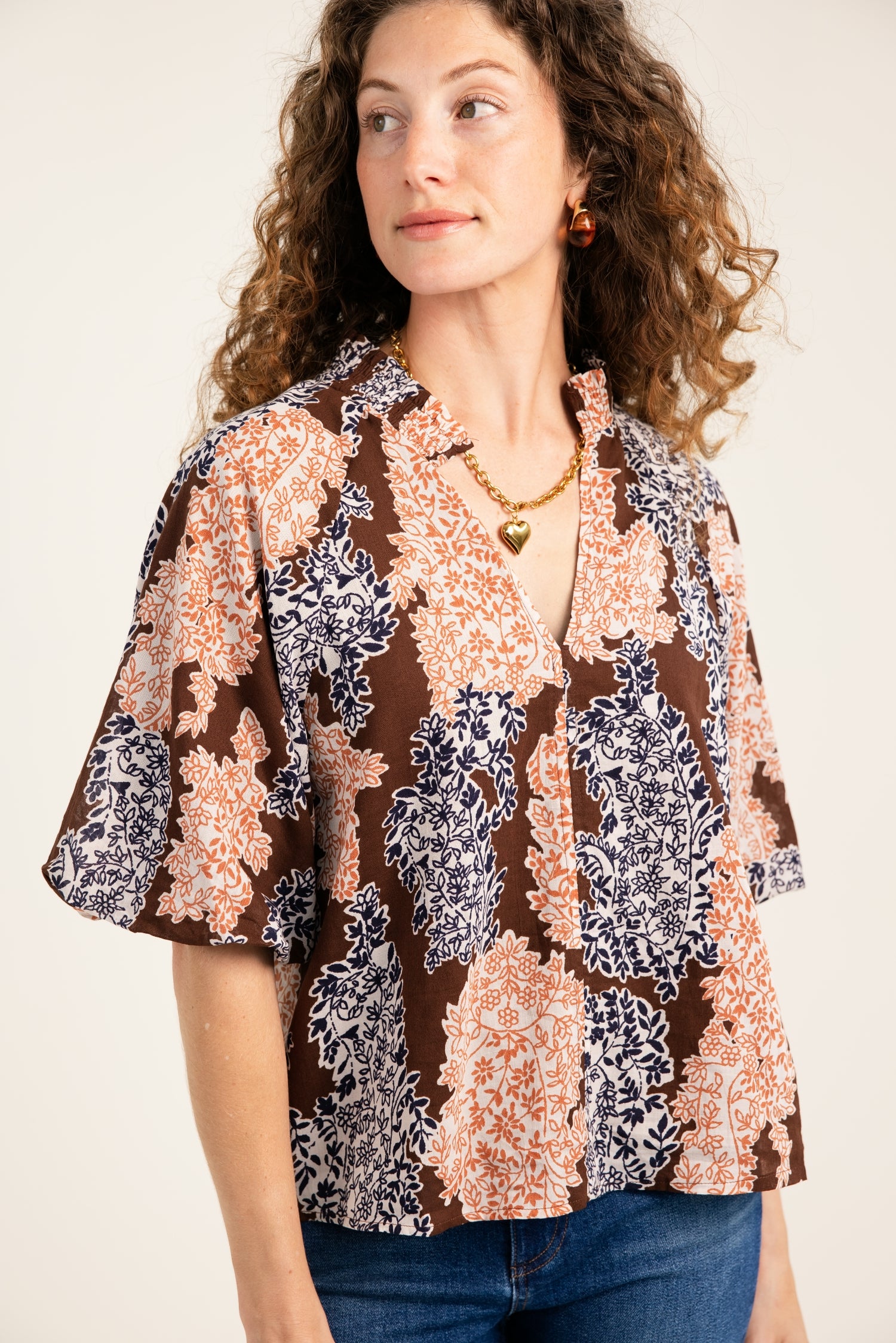 THML Leaves Print Puff Sleeve Top