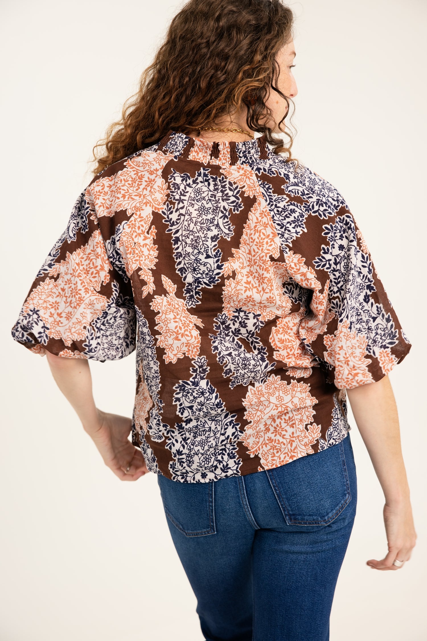 THML Leaves Print Puff Sleeve Top
