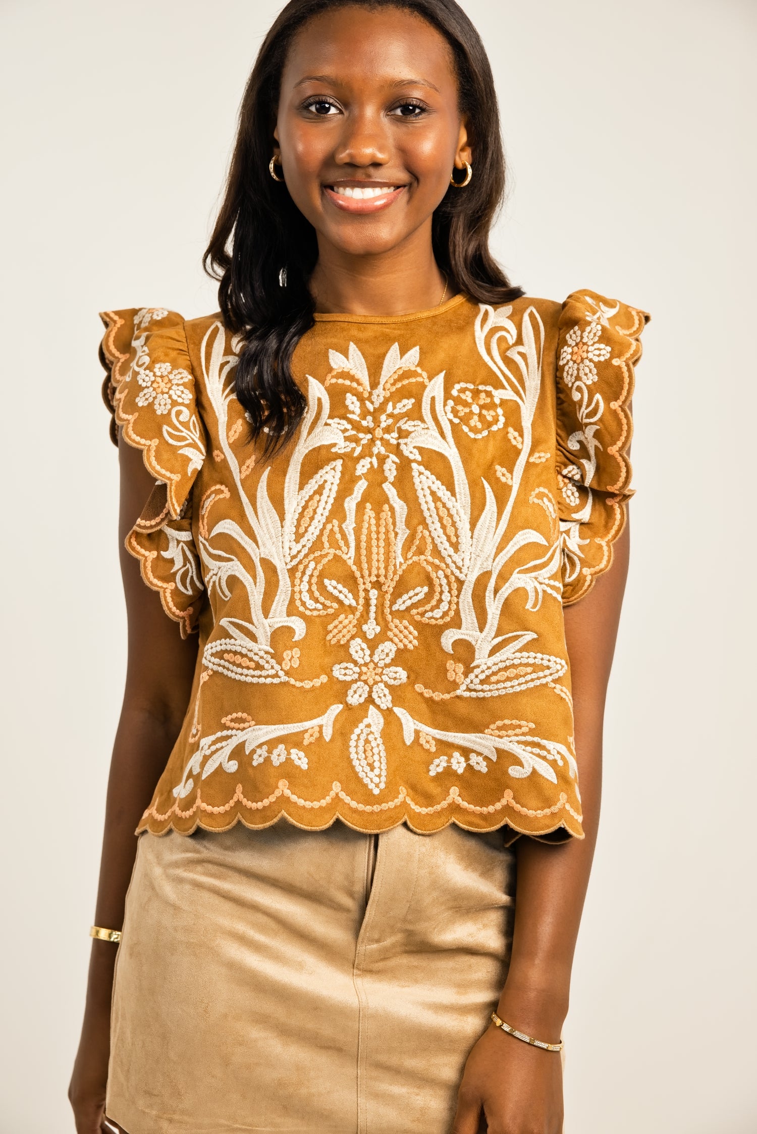 THML Flutter Sleeve Suede Embroidery Top