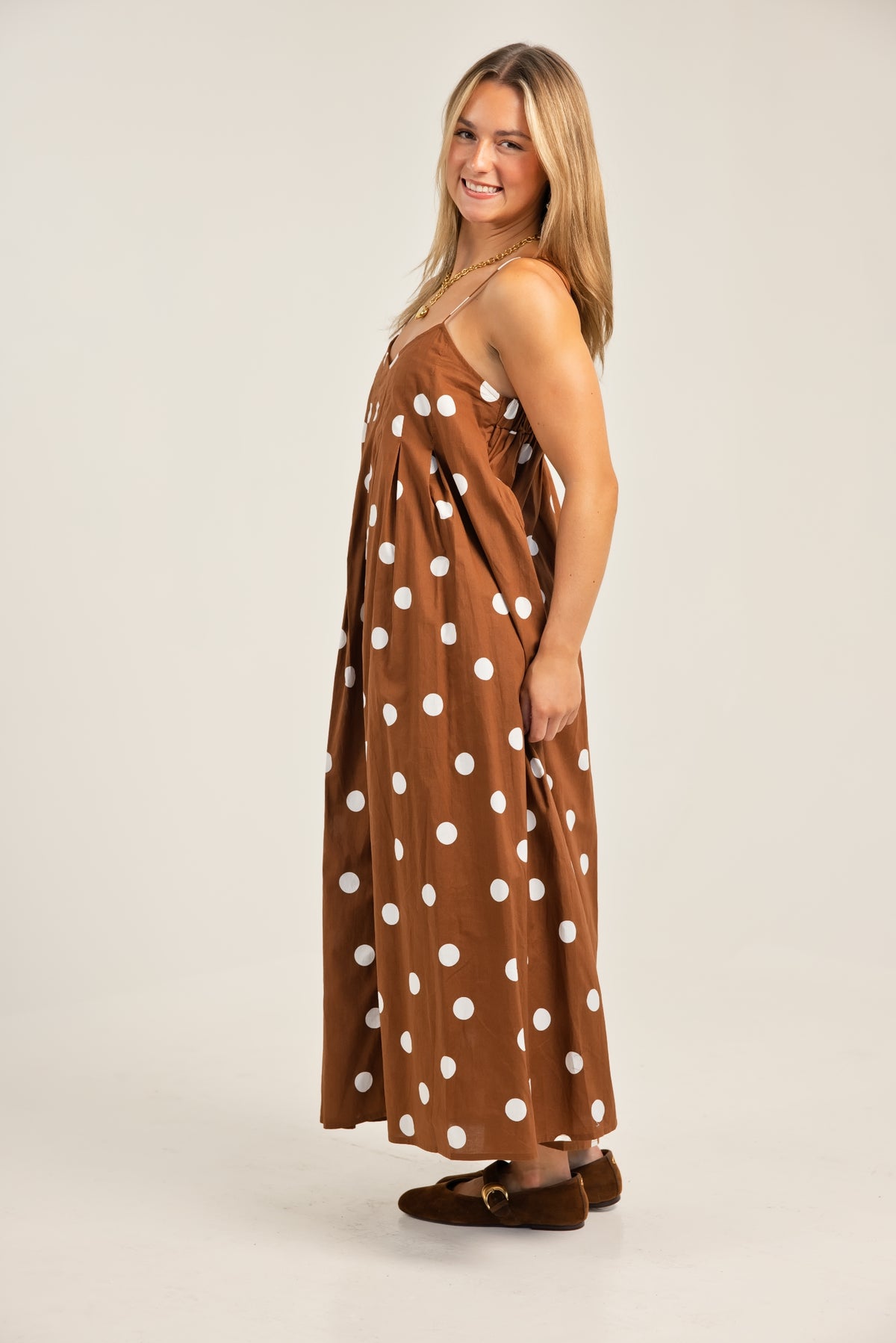 THML Thin Strap Polka Dot Pattern Dress Camel