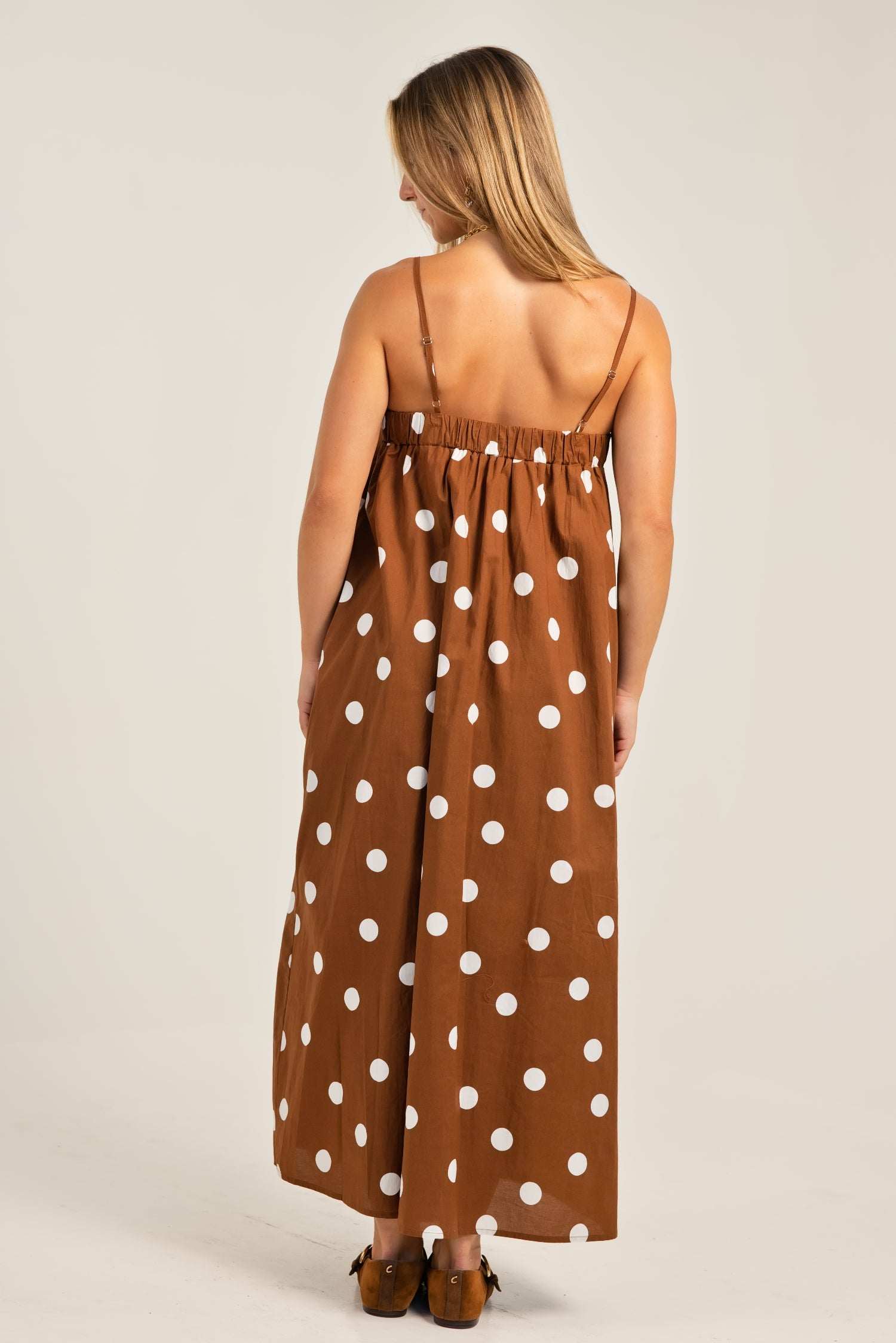 THML Thin Strap Polka Dot Pattern Dress Camel