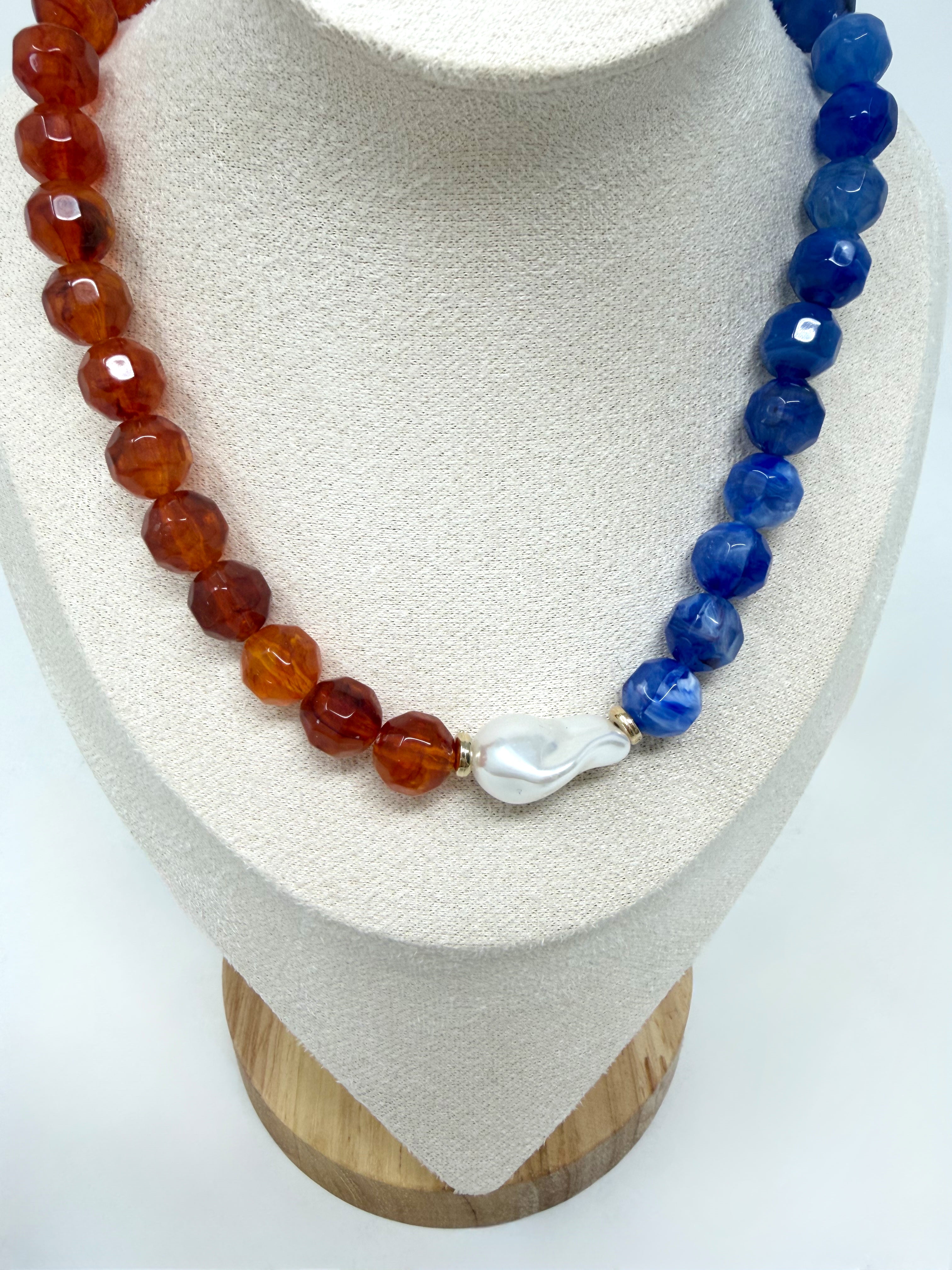 The Miles Beaded Pearl Necklace- Tortoise/Blue
